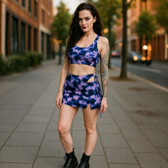 One By One Purple Tie Dye Crop Top & Cutout Mini Skirt Set – Size M NWT - Picture 1 of 2